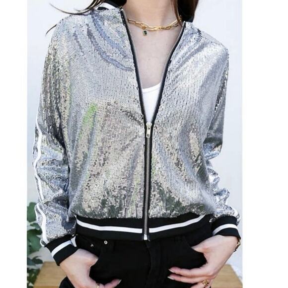 EUC - Anna-Kaci Gold Metallic Sequin Full Zip Varsity Jacket - Picture 5 of 7